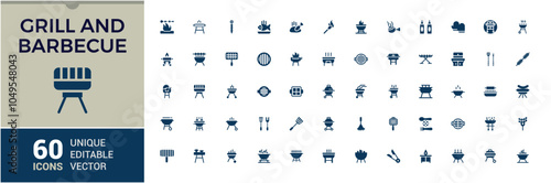 Grill And BBQ solid web icon set. Featuring restaurant, grilled, food, grill, bbq, hot and more. Filled icons pack. Vector icons editable glyph.