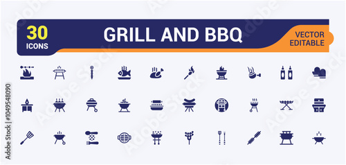 Grill And BBQ icon collection. Related to roast, barbeque, kitchen, fire, bbq, cutlet and more. Flat filled style icons pack. Vector icons editable glyph.