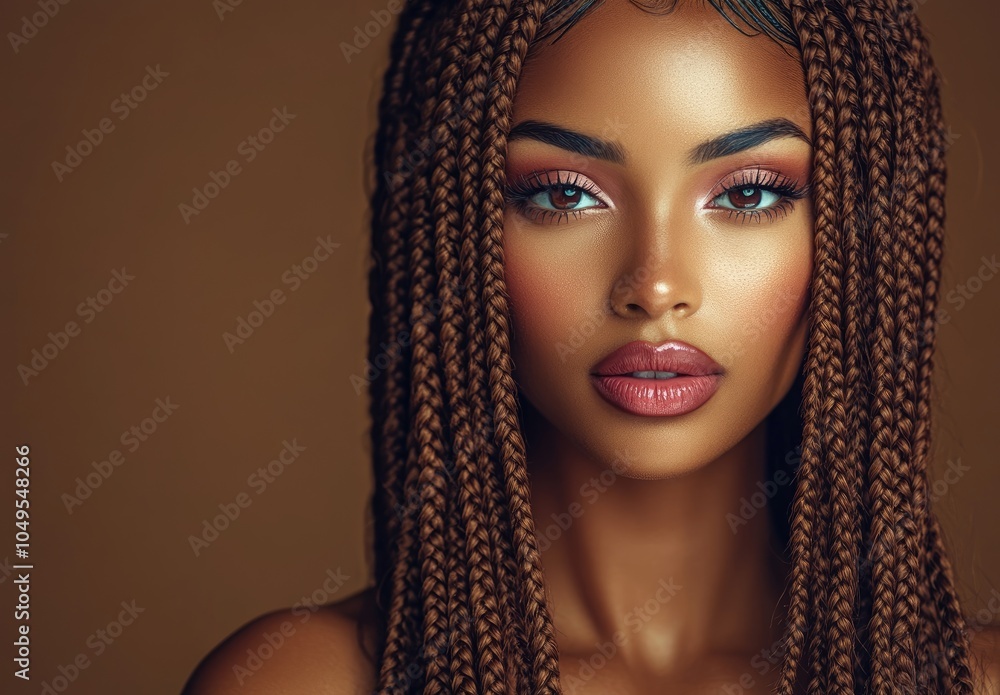 An African American woman with box braids, wearing diamond hoop earrings and pink lipstick, stands in front of an isolated pastel peach background An African American woman with box braids, wearing diamond hoop earrings and pink lipstick, stands in front of an isolated pastel peach background