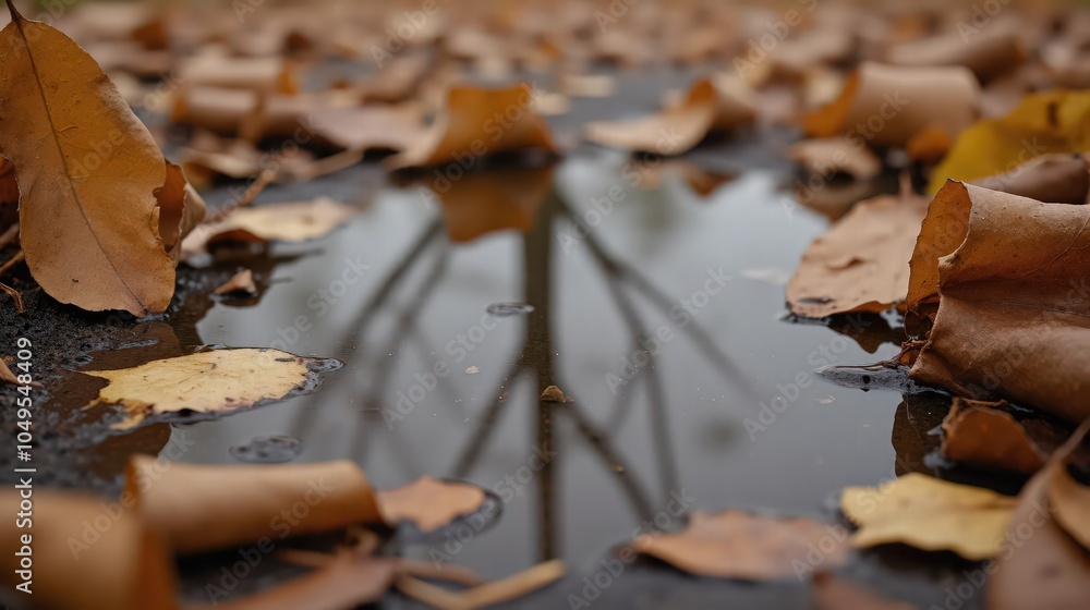 generative ai, Autumn Serenity: Reflective Puddle Amidst Fallen Leaves Close-Up generative ai, Autumn Serenity: Reflective Puddle Amidst Fallen Leaves Close-Up