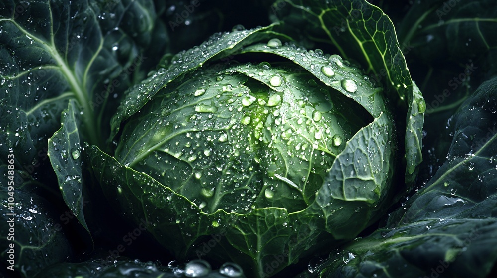 Obraz premium 2410_089.crisp cabbage layers, sparkling water pearls, deep focus image, chiaroscuro effect, freshness concept, raw food photography, leaf architecture, dark food styling
