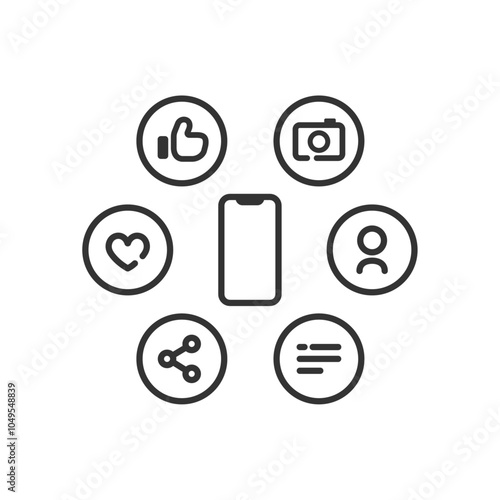 スマホとSNSマーケティングのベクターアイコン(線画・白黒)