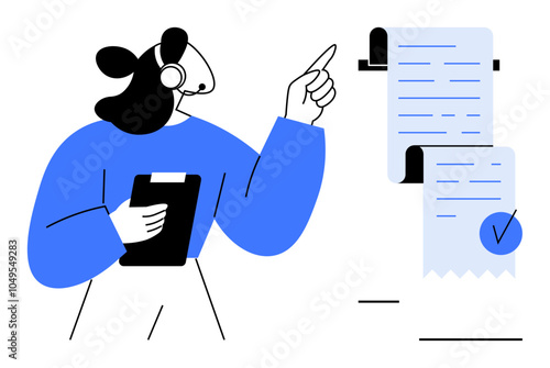 A person wearing a headset points at documents while holding a clipboard. Ideal for customer service, administrative tasks, document management, workflow organization, and business communication