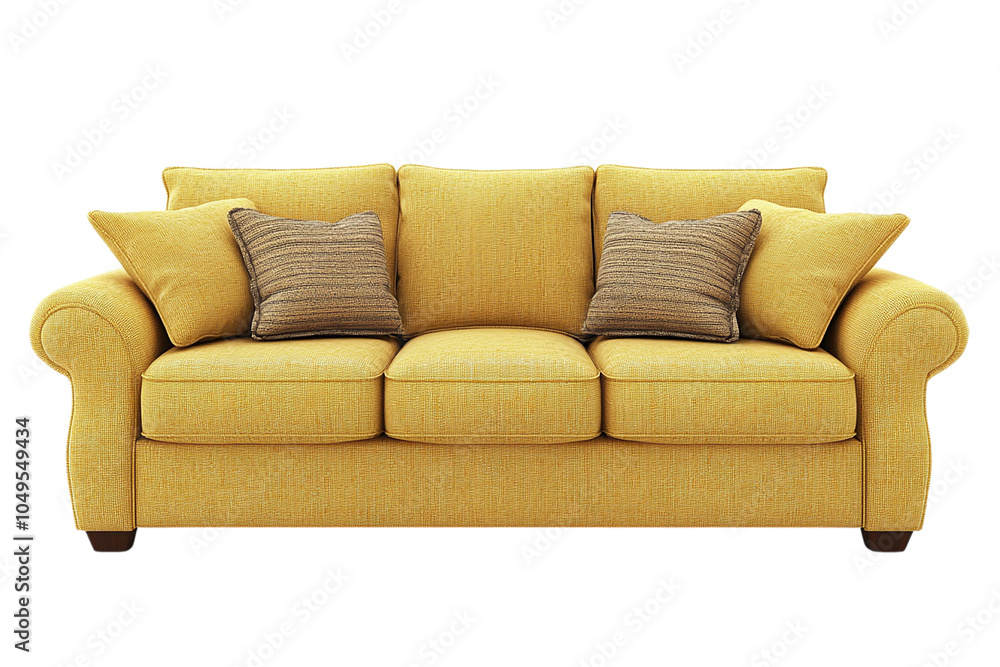 Fototapeta premium Cozy Yellow Sofa with Striped Accent Pillows