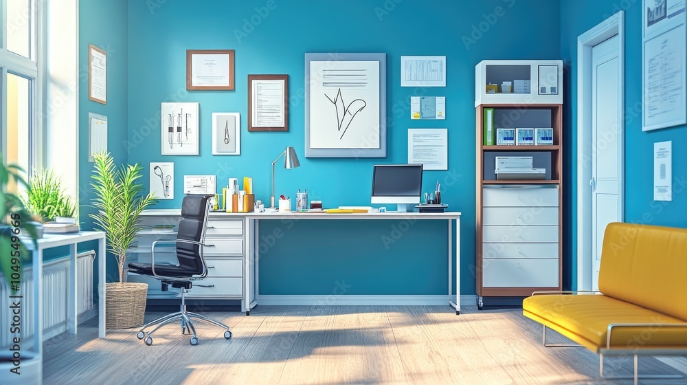 Fototapeta premium Bright, organized healthcare office with medical devices, ideal for clinical promotions and healthcare business branding