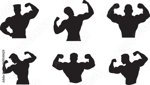 Bodybuilder front side view silhouette icon set. Workout of male standing physical workout vector
