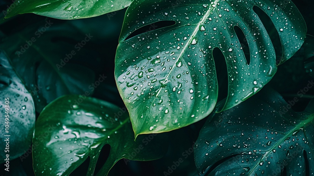 Fototapeta premium 2410_019.rainforest flora close-up, monstera leaf veins, condensation droplets, diffused sunlight, verdant color palette, biodiversity showcase, atmospheric nature portrait