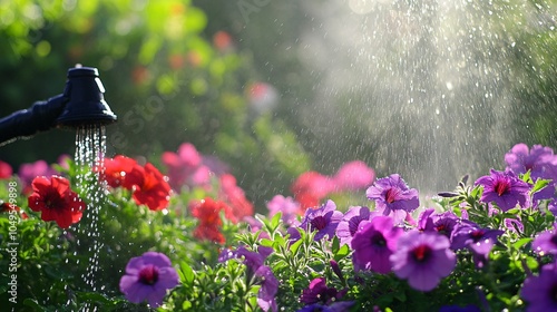 2410_048.sunlit flower garden watering scene, black sprinkler head, water mist over blooming petunias, purple and red blossoms, ethereal water spray, lush green foliage, macro water droplets,
