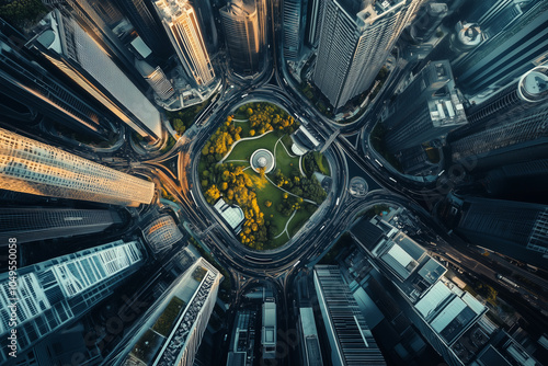 Top view of futuristic digital cityscape with beautiful modern skyscrapers