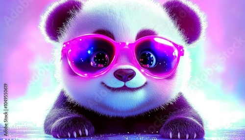 Cute panda wearing pink sunglasses, vibrant colors, playful expression, fun and whimsical. photo