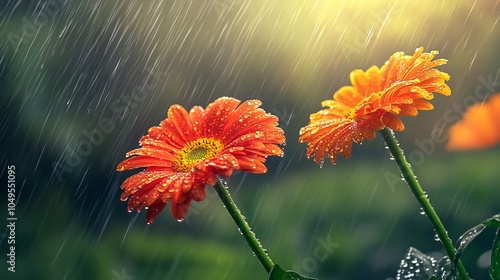 2410_036.vibrant gerbera daisies, summer rainstorm, water droplets on petals, vivid orange and yellow blooms, green garden backdrop, high-speed photography, nature in motion photo