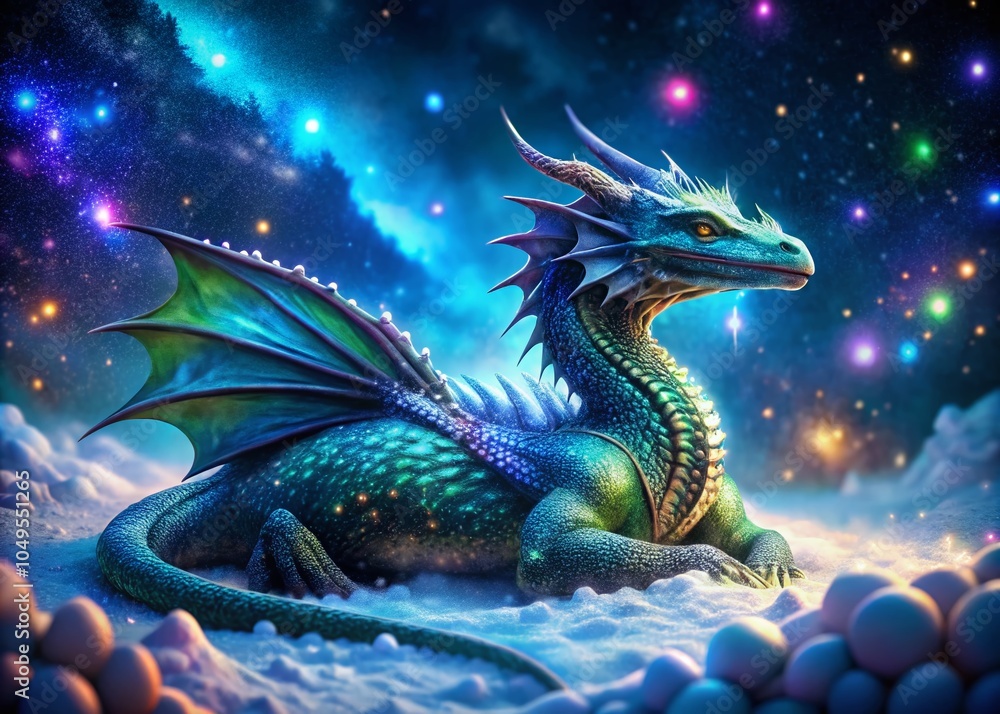 Fototapeta premium Colorful Glowing Dragon in Winter Night Fantasy - Macro Photography for Enchanting Imagery
