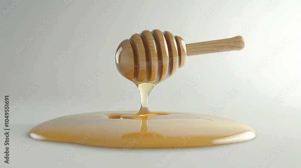 A wooden honey dipper hovering above a small pool of honey, the honey forming droplets at the edges, isolated on a clean white background. A wooden honey dipper hovering above a small pool of honey, the honey forming droplets at the edges, isolated on a clean white background.