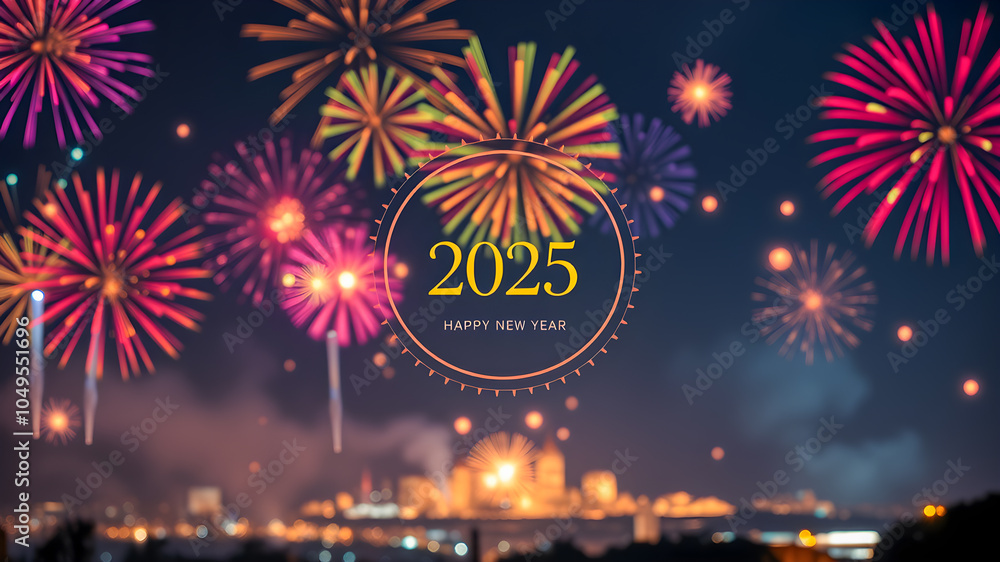 Fototapeta premium Happy new year 2025 with fireworks over the cityscape background, celebration concept