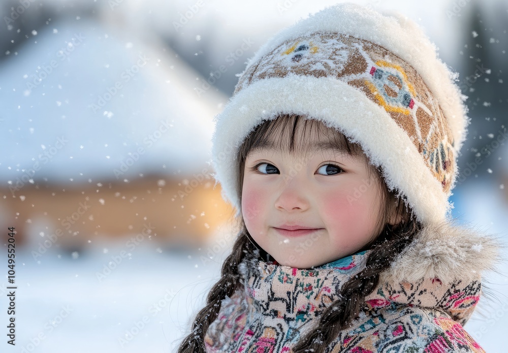 Inuit child in traditional , portrait shot, background of an Inuit village with igloos, snow-covered landscape Inuit child in traditional , portrait shot, background of an Inuit village with igloos, snow-covered landscape