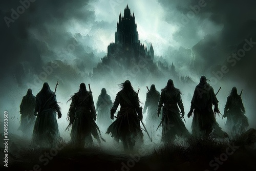 Mysterious hooded figures silhouette against a dark fantasy landscape. photo