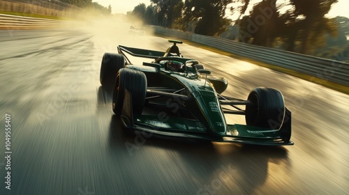 Formula One track with green racing car in motion, high-speed capture and energy for a thrilling race view