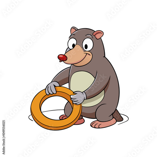 Smiling Mole with Ring: A cheerful cartoon mole holding a large orange ring, radiating a sense of playfulness and innocence. Perfect for children's books, educational materials, and fun.