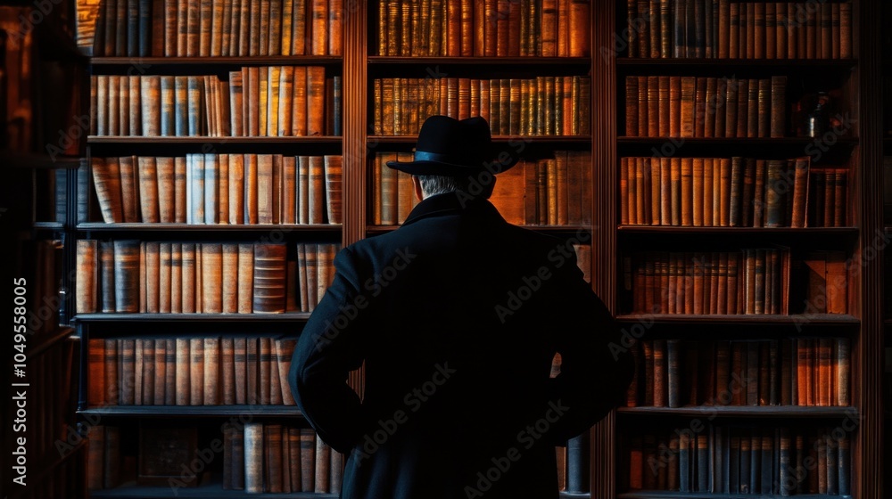 Mysterious man in hat, silhouette in dark library, classic spy theme with shadowed bookcases Mysterious man in hat, silhouette in dark library, classic spy theme with shadowed bookcases