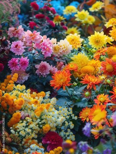 Wallpaper Mural This garden showcases an array of blooming chrysanthemums, dahlias, and other autumn flowers in brilliant colors. Generative AI Torontodigital.ca