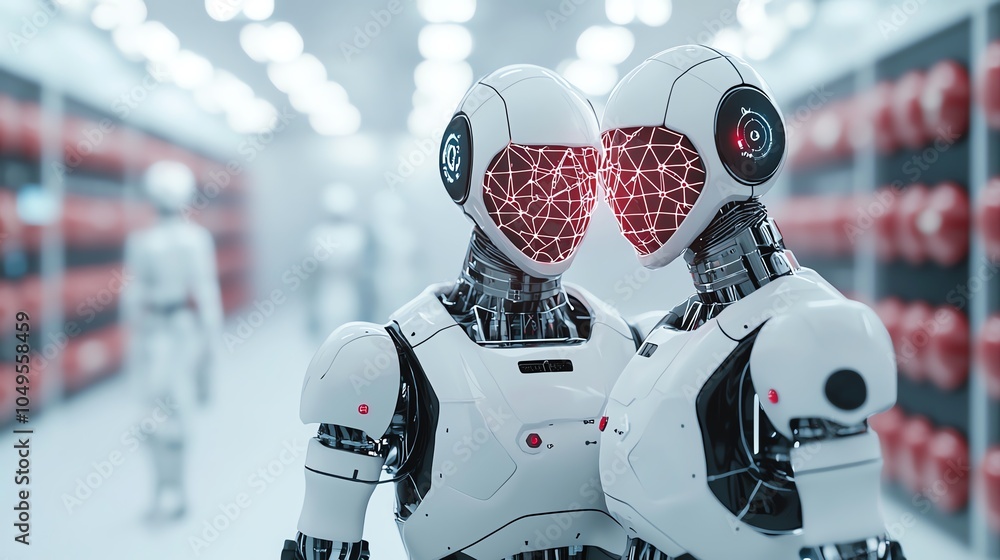Future of drug discovery with robots and AI collaborating, holographic drug structures, 3D illustration Future of drug discovery with robots and AI collaborating, holographic drug structures, 3D illustration