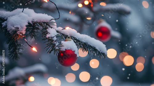 Snow-covered pine branches with red holiday ornaments and twinkling lights