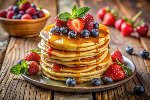 Delicious Berry Topped Pancakes with Sweet Syrup on Rustic Table - Breakfast Delight