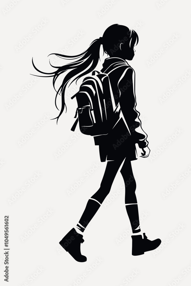 Silhouette girl walking backpack Silhouette girl walking backpack