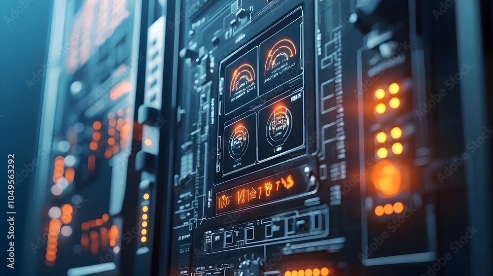 Closeup view of a burglar alarm system control panel with various glowing red blue and green status indicator lights Closeup view of a burglar alarm system control panel with various glowing red blue and green status indicator lights