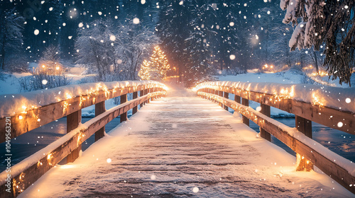 Snow-covered bridge crossing a frozen river with holiday lights twinkling