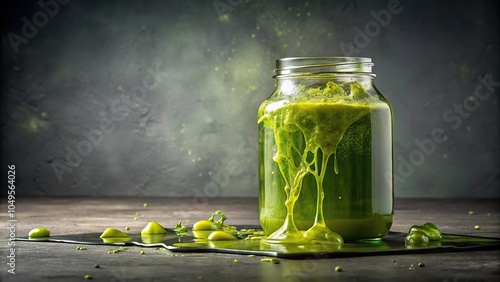 Chartreuse slime oozing from a cracked glass jar on a dusty gray background, shattered, industrial, slime, broken, jar