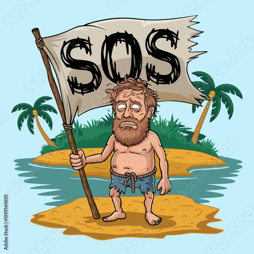 Stranded man holding SOS flag on a deserted island.