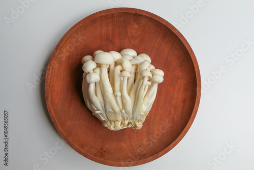 Bunapi shimeji, or white beech, or white clamshell mushroom, on wooden plate, white background, flat lay or top view