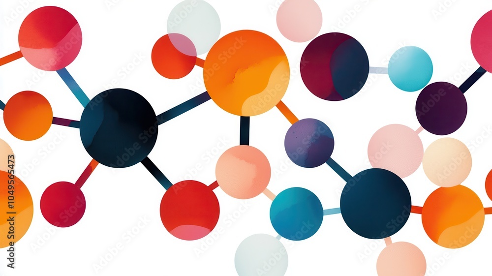 Fototapeta premium A colorful abstract pattern featuring interconnected circles and spheres, representing energy, molecular structures, or data visualization.