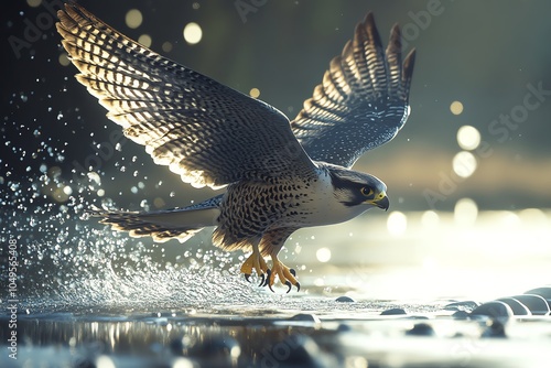 Falcon catching prey in water, dynamic movement