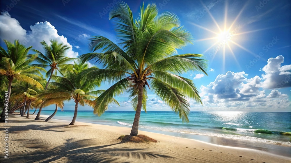 Fototapeta premium A serene beach scene with palm trees swaying in the breeze on a sunny day, serene, nature, landscape, beach