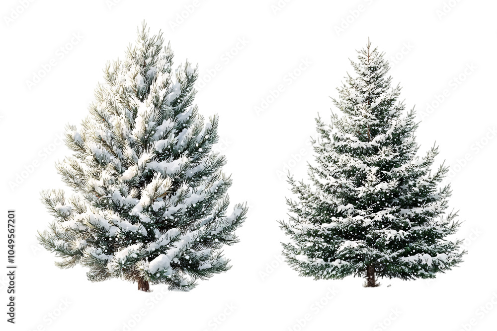 Two snow-covered Christmas trees against a transparent background, showcasing their festive charm and winter beauty. Two snow-covered Christmas trees against a transparent background, showcasing their festive charm and winter beauty.