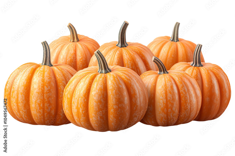 Obraz premium A group of six vibrant orange pumpkins with ridged skin and sturdy green stems, set against a transparent background, highlighting their bright color.