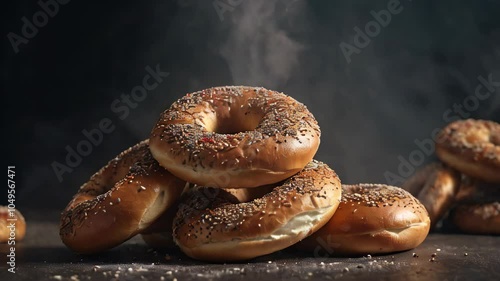 Closeup of Turkish simit bagel with sesame seeds on black background. Generative AI