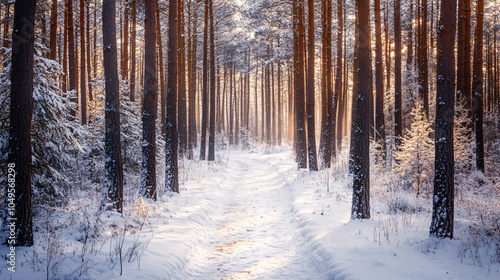 Snow-covered path through a forest with soft light filtering through the trees