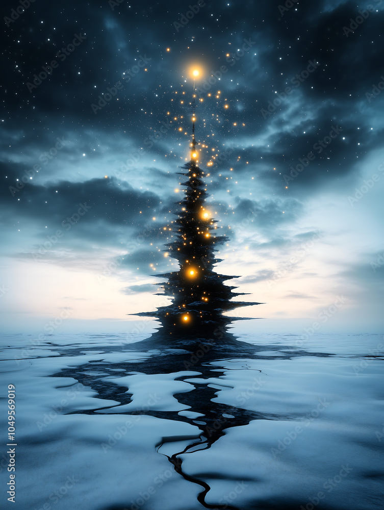 Obraz premium mystical tree rises from frozen landscape, adorned with glowing lights that twinkle against dramatic sky. scene evokes sense of wonder and enchantment
