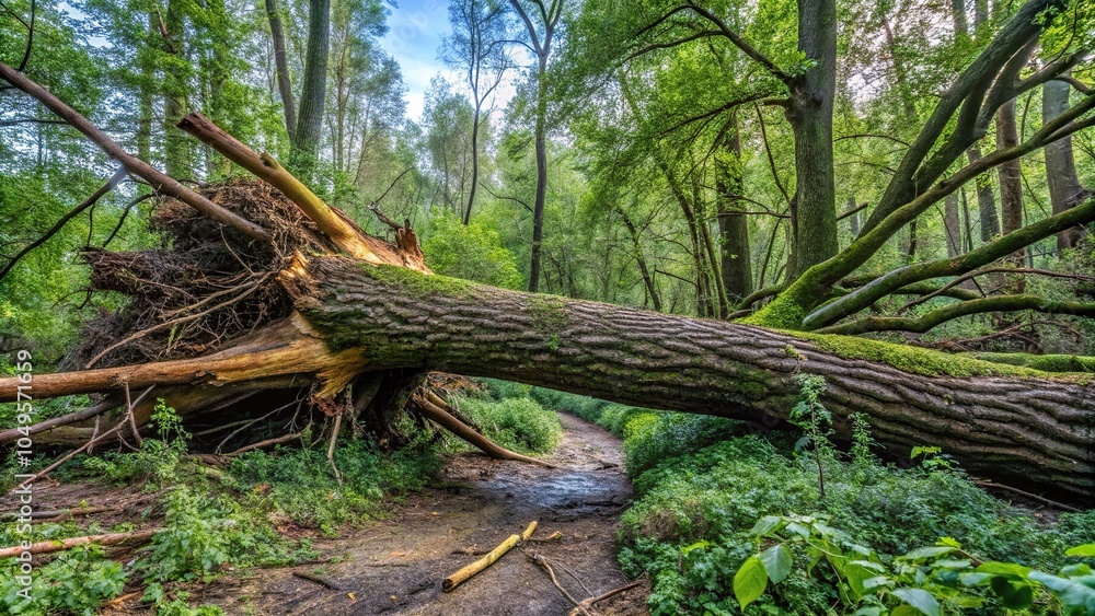 A fallen tree lies on its side in a dense thicket of underbrush after a storm, erosion, nature, weather, landscape A fallen tree lies on its side in a dense thicket of underbrush after a storm, erosion, nature, weather, landscape