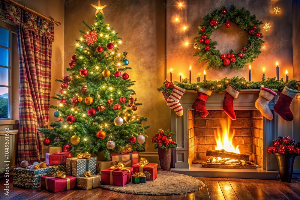 Obraz premium Festive Holiday Scene with Text Mockup Space for Seasonal Greetings and Celebrations