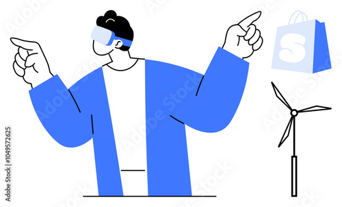 Person wearing virtual reality headset gestures interactively. Visible elements include renewable energy windmill and shopping bag. Ideal for technology, virtual reality, sustainability, online