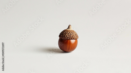 single brown acorn with cap on white background  isolated autumn nut thanksgiving nature object  macro close up  high resolution stock image  brown  autumnal  brown nut  single aco photo