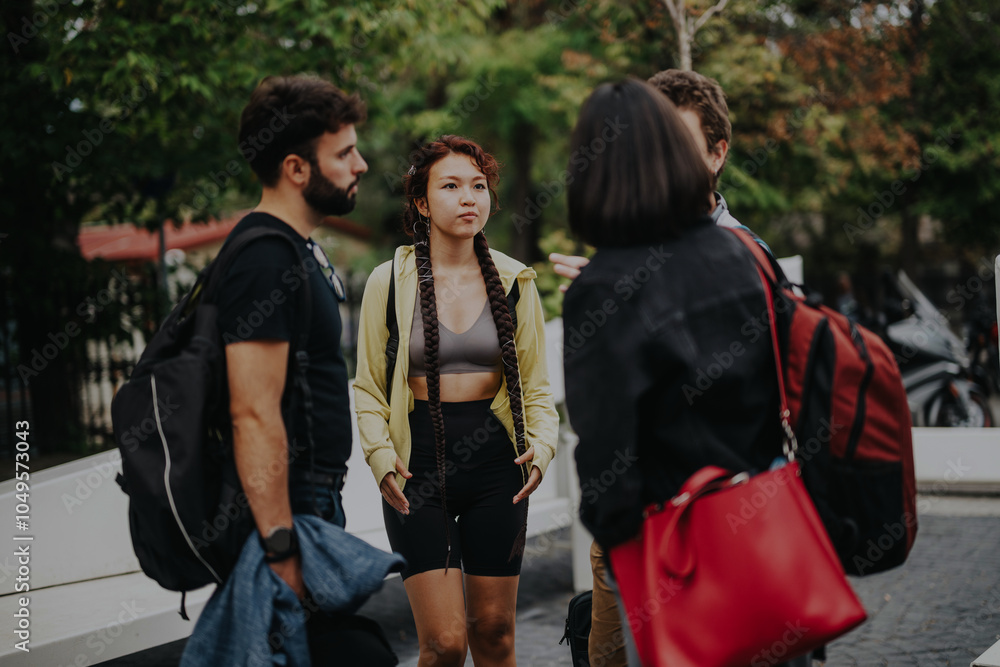 Obraz premium A group of young friends engaged in a vibrant conversation outdoors. They are carrying backpacks and enjoying a casual meeting in a park setting with greenery around.