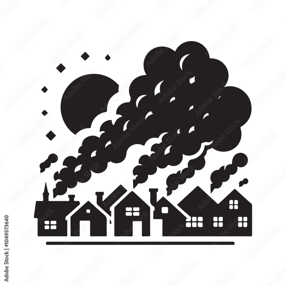 Village in Misty Fog Silhouette Vector - Perfect for Rustic Designs Village in Misty Fog Silhouette Vector - Perfect for Rustic Designs