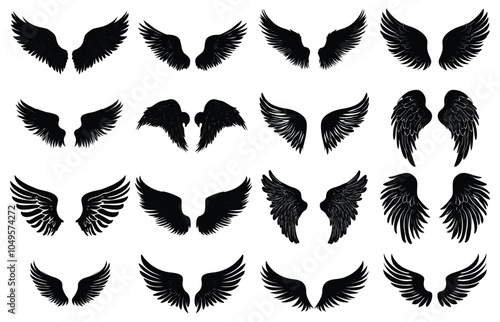 Collection of Black Wing Silhouettes in Various Styles for Angelic and Fantasy Designs