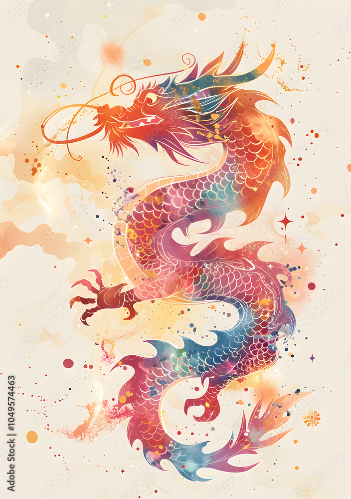 Obraz premium Capture the essence of fantasy with a vibrant and ethereal dragon illustration featuring bright colors and dreamy textures, ideal for imaginative designs and artistic creations