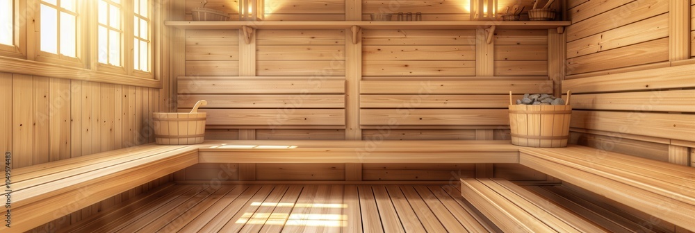 The interior features natural wood panels, benches, and a stone heater, creating a warm, inviting atmosphere for relaxation. Generative AI The interior features natural wood panels, benches, and a stone heater, creating a warm, inviting atmosphere for relaxation. Generative AI